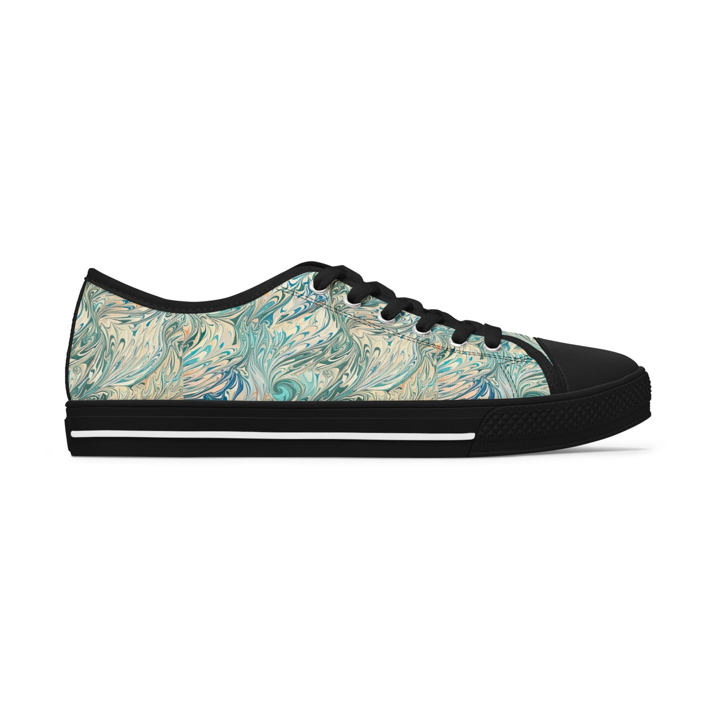 Low Top Sneakers — Teal Swirl Floral Pattern Casual Shoes