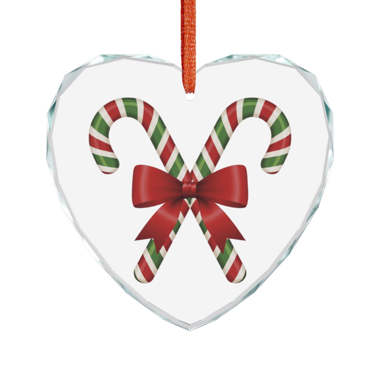 Candy Cane Bow Crystal Glass Ornament — Heart-Shaped Christmas Tree Decoration