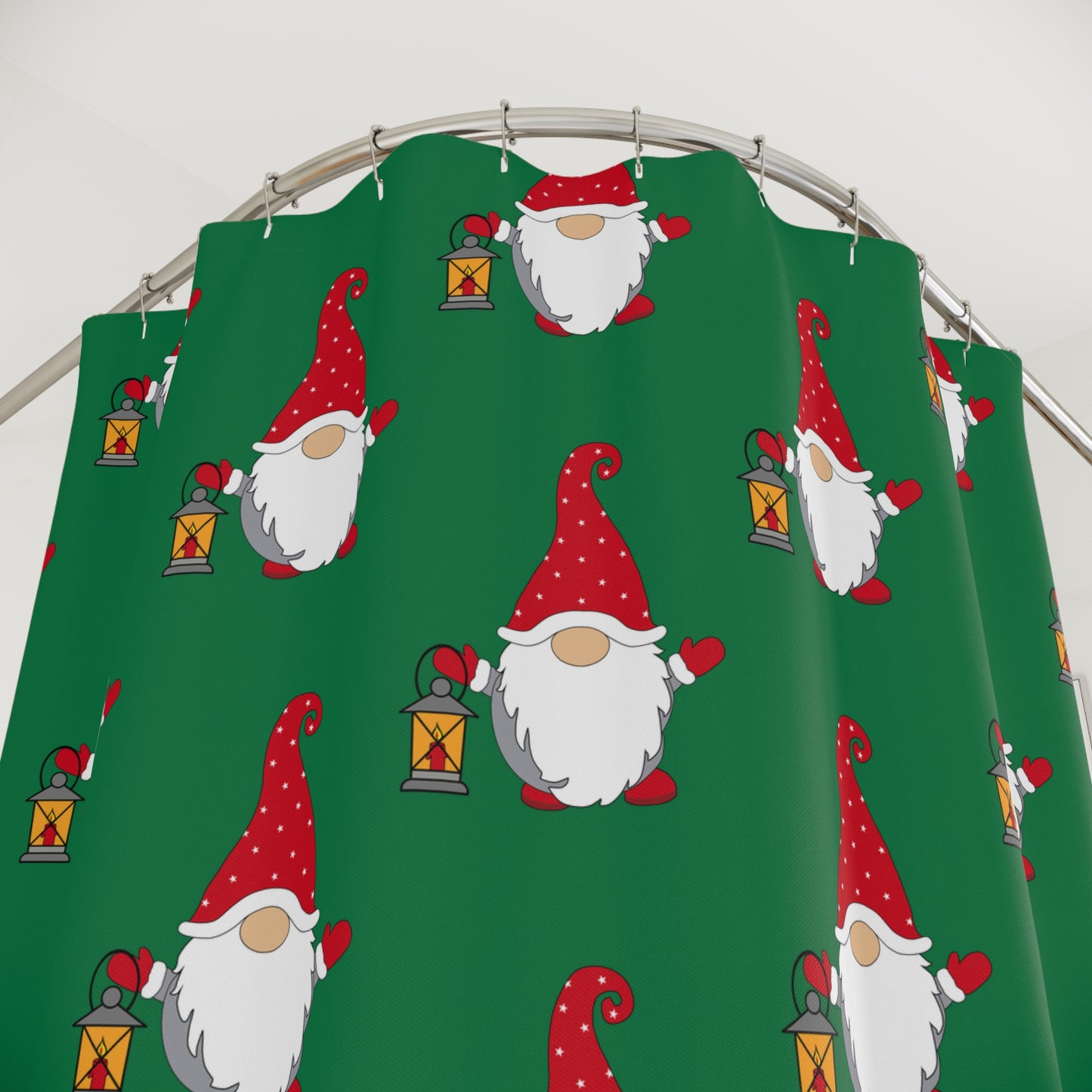 Christmas Gnome Shower Curtain — Festive Green Holiday Bathroom Decor