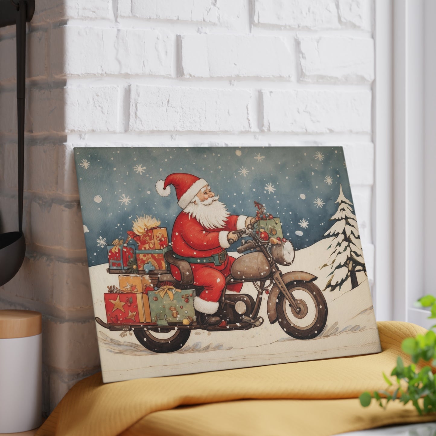 Festive Santa Motorcycle Glass Cutting Board, Holiday Kitchen Decor, Christmas Gift, Unique Cookware, Santa Gift Idea