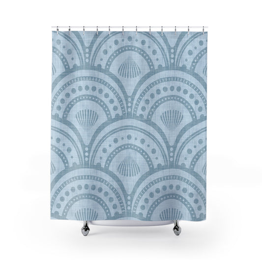 Blue Coastal Shell Shower Curtain — Nautical Seashell Pattern Bathroom Decor