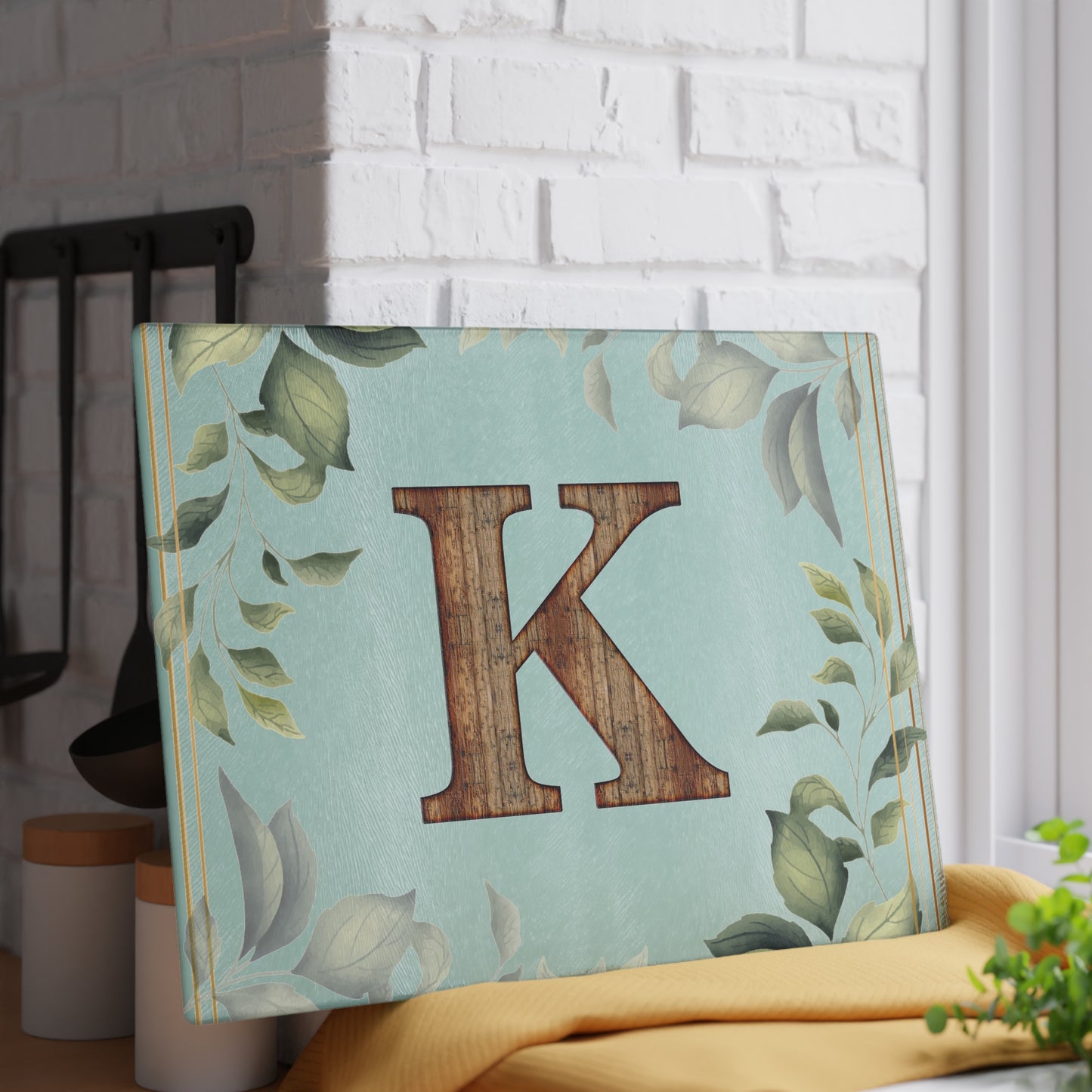 Monogram K Glass Cutting Board – Floral Leaf Kitchen Decor, Personalized Initial Serving Board