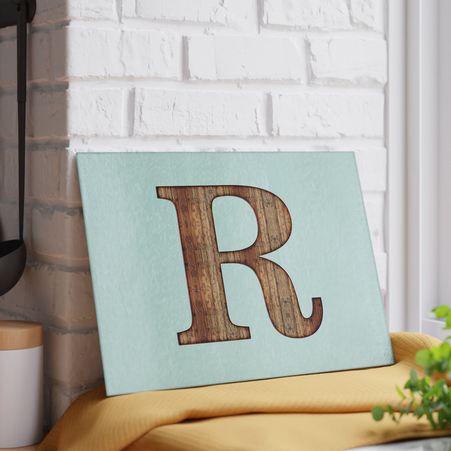 Monogram Glass Cutting Board – Rustic Wood Letter R on Mint