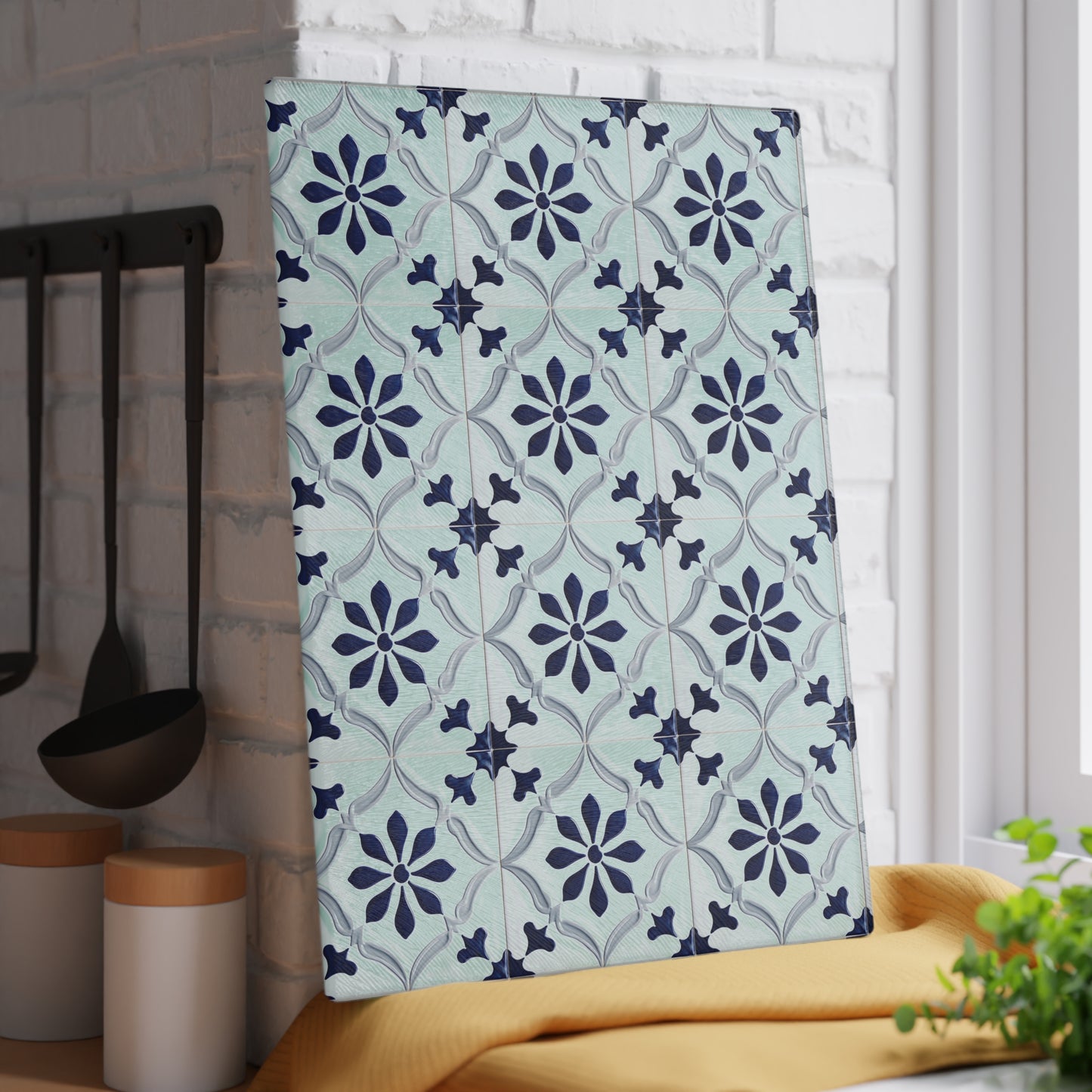 Floral Tile Glass Cutting Board — Blue Patterned Kitchen Trivet
