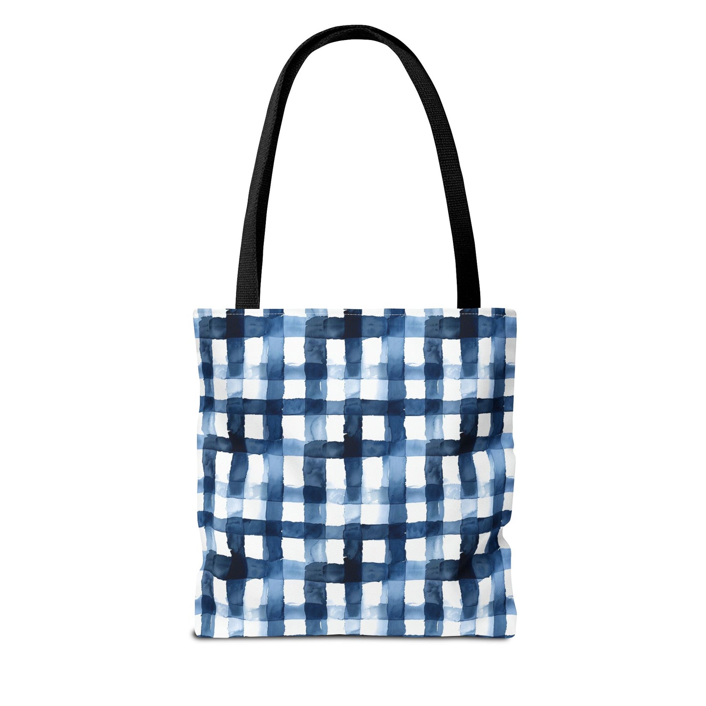 Blue Watercolor Plaid Tote Bag — Navy Check Pattern All-Over Print