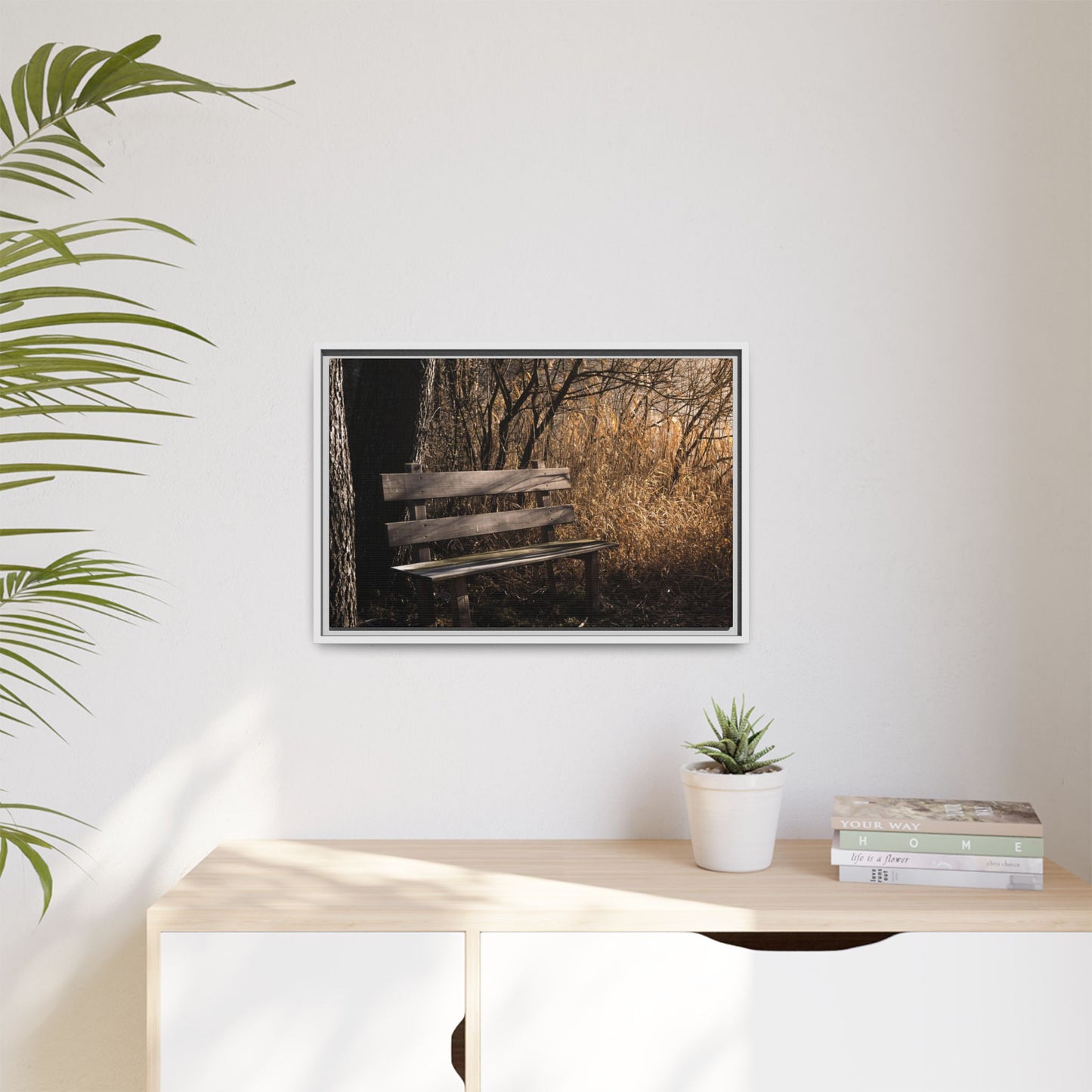 Framed Matte Canvas Print — Autumn Park Bench Photography