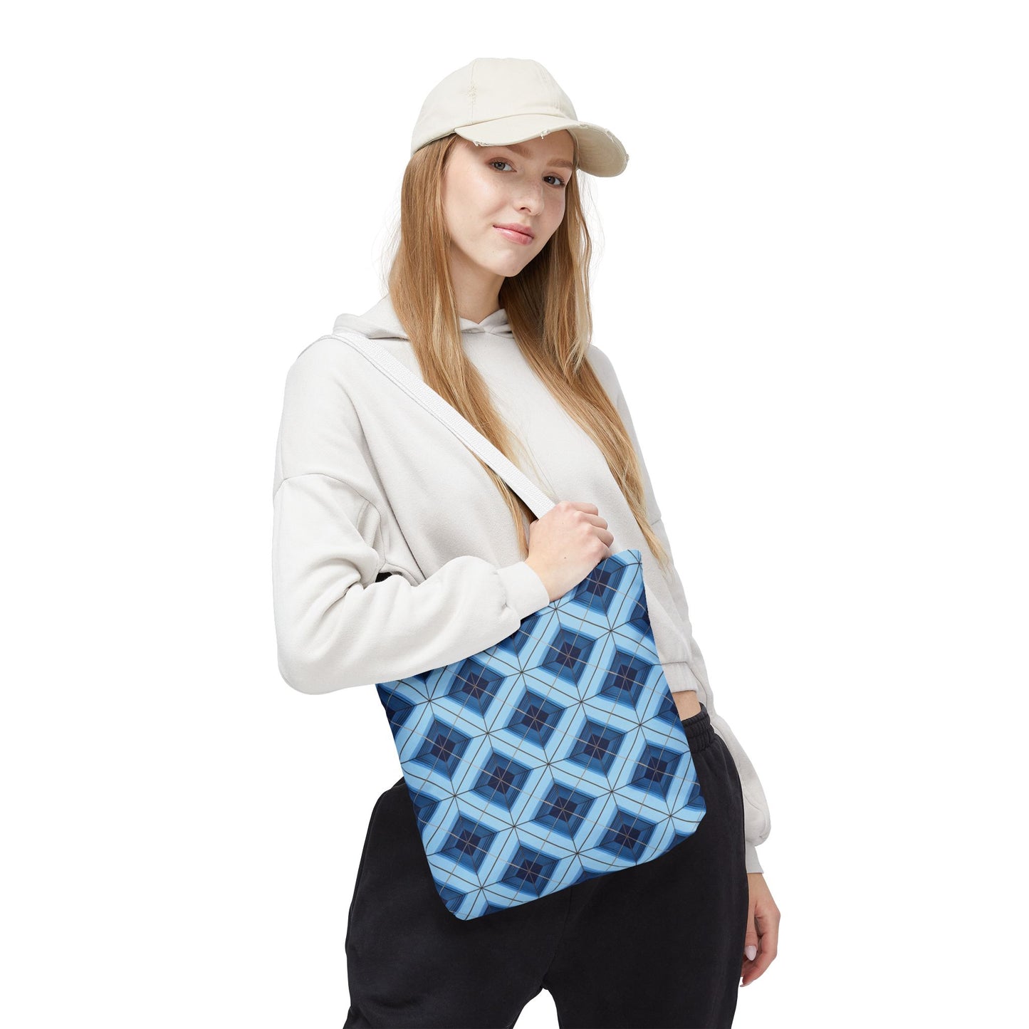 Blue Geometric Tote Bag — Repeating Diamond Pattern AOP