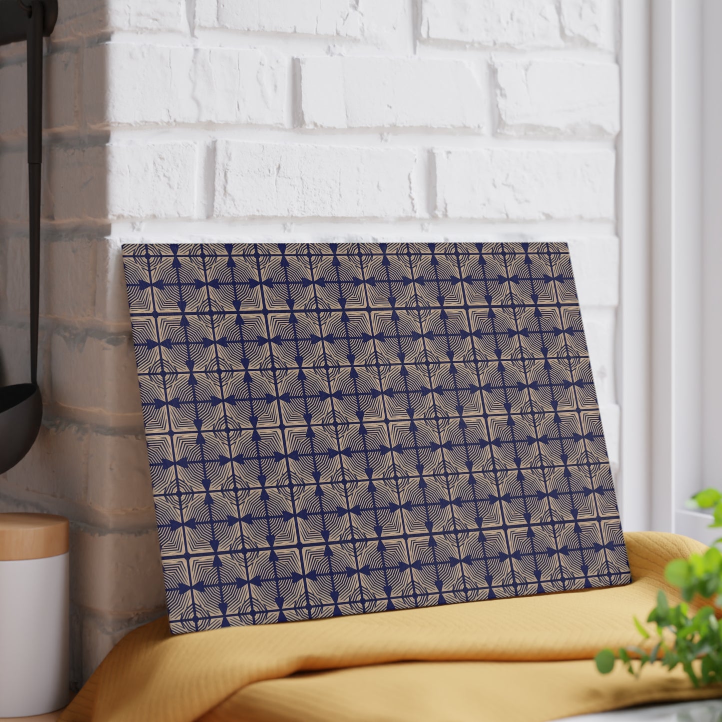 Patterned Glass Cutting Board – Vintage Blue Geometric Tile Design