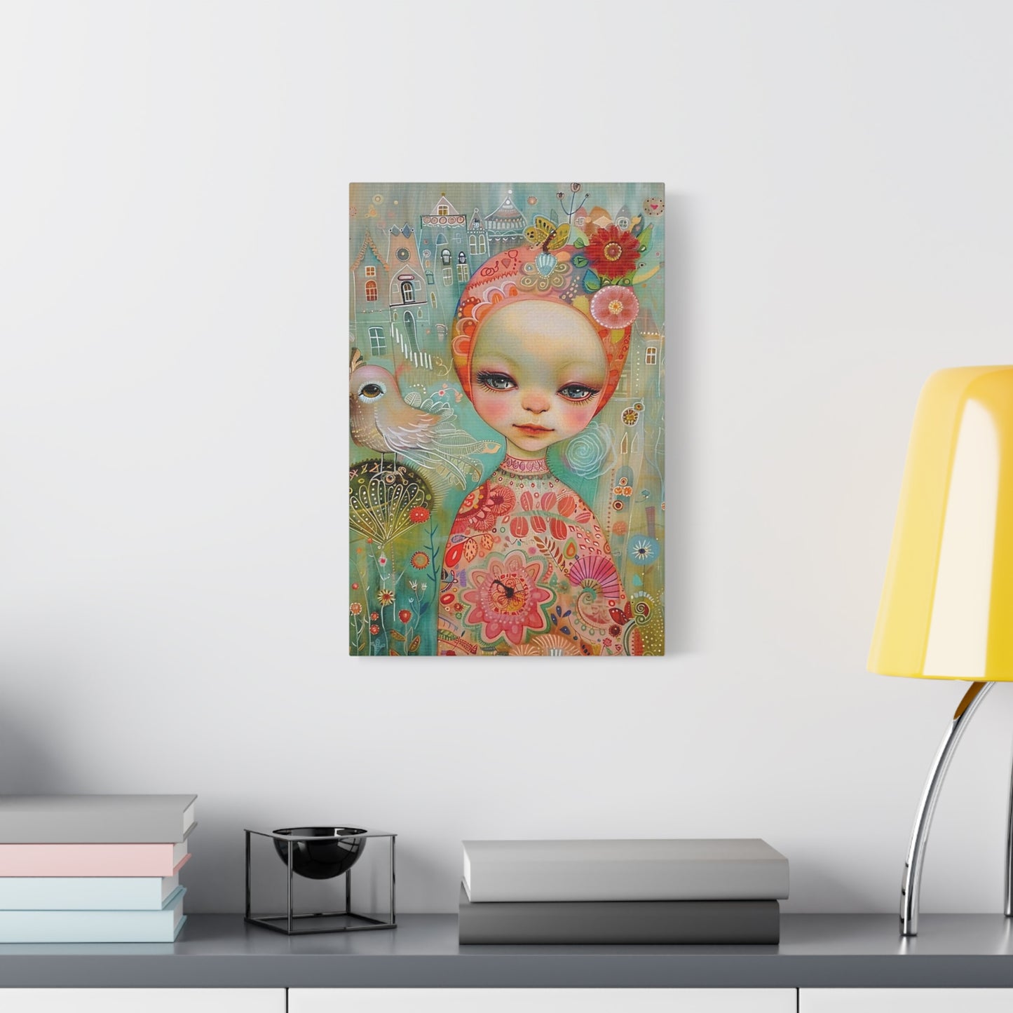Whimsical Girl & Bird Matte Canvas Wall Art — Stretched Decorative Painting