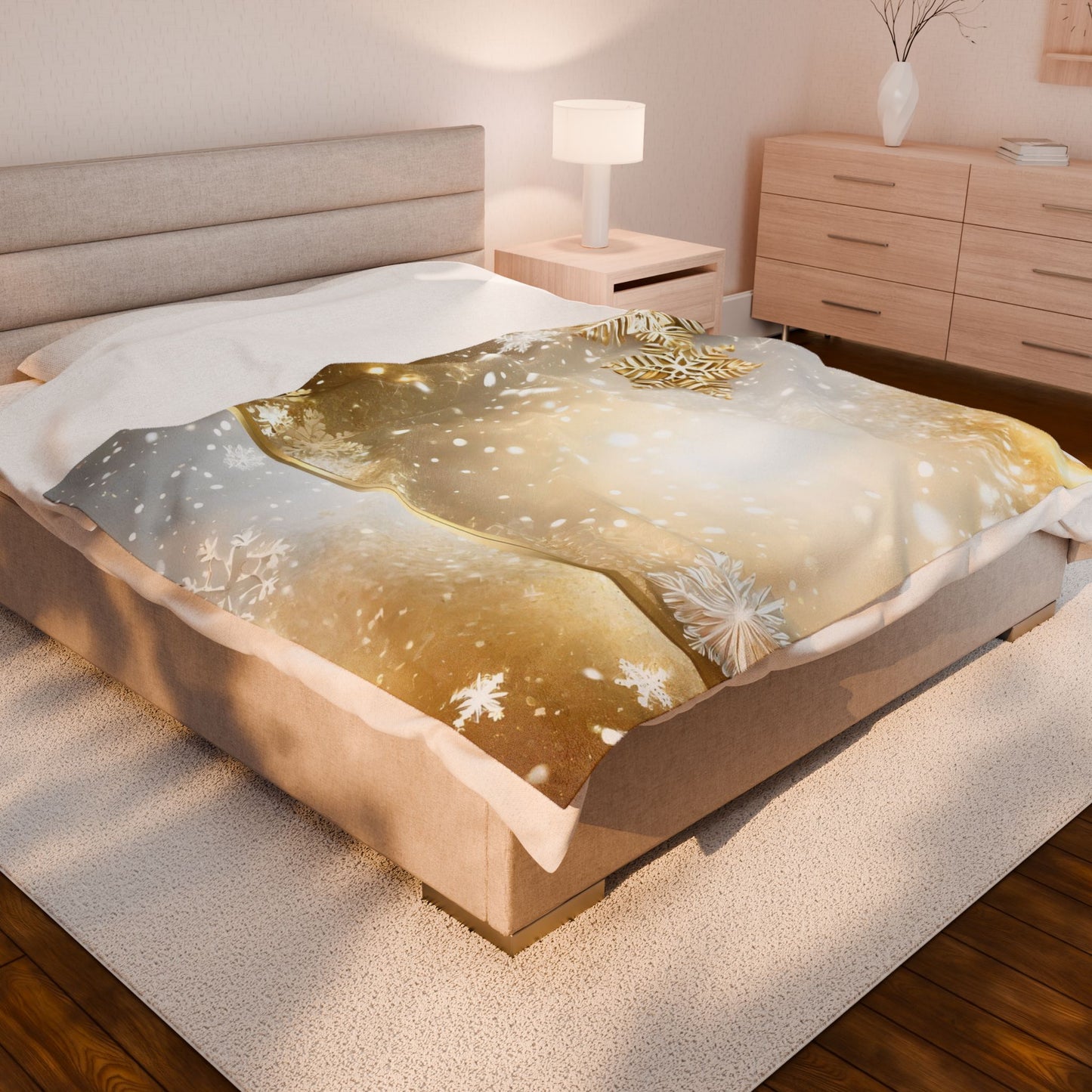 Gold Snowflake Velveteen Plush Blanket — Holiday Cozy Throw