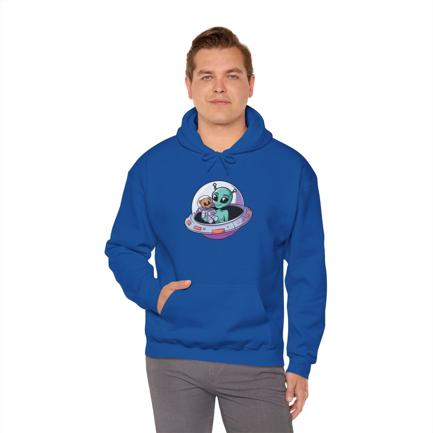 Cute Alien and Kid Hoodie, Unisex Heavy Blend Sweatshirt, UFO Lover Gift, Halloween Costume, Space-Themed Outfit, Birthday Present