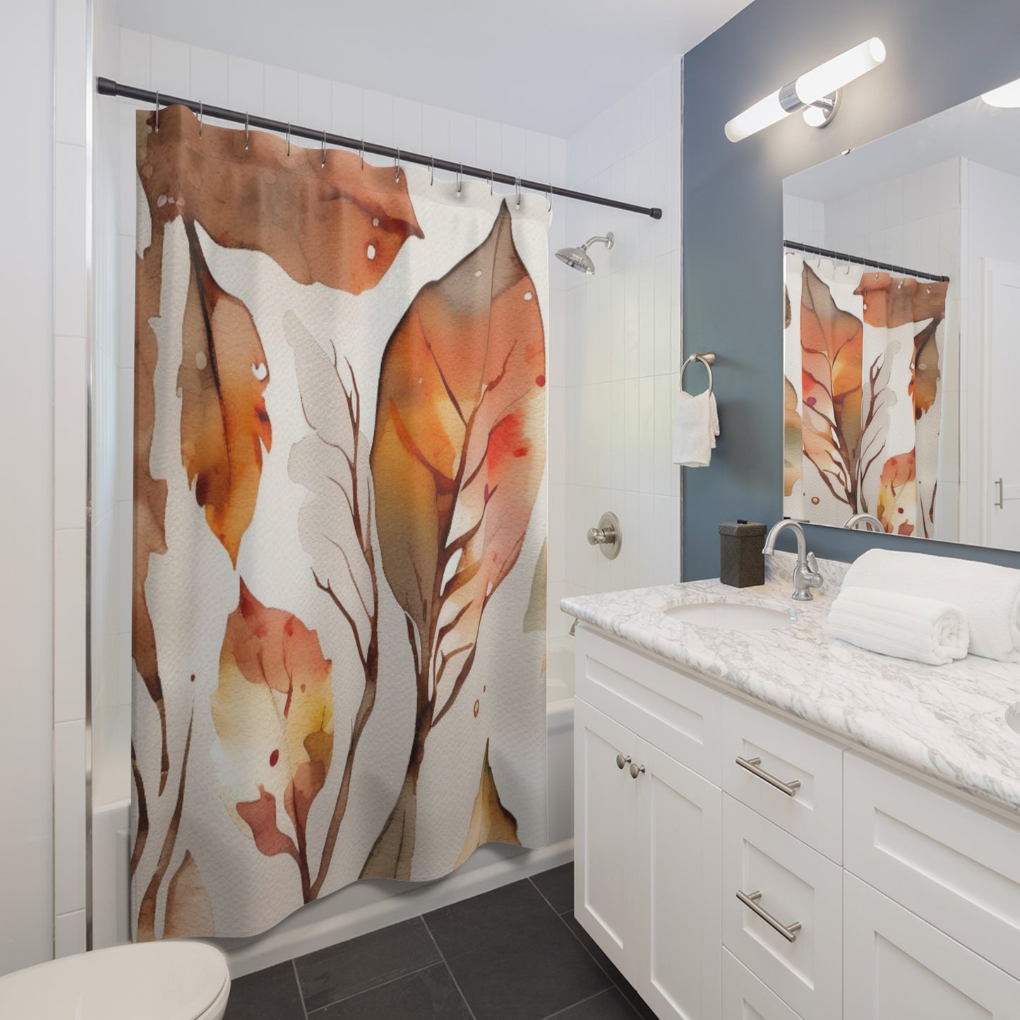 Autumn Watercolor Leaves Shower Curtain — Fall Foliage Bathroom Decor