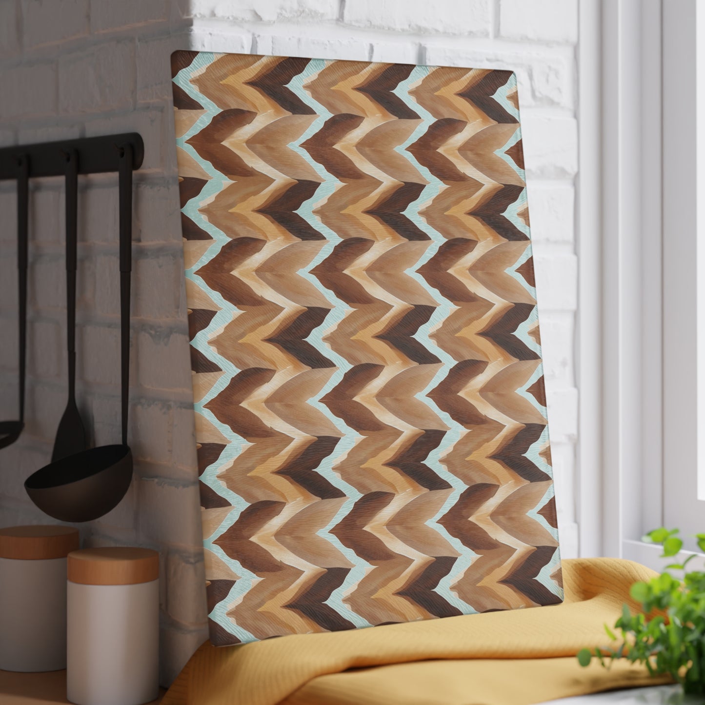 Chevron Brown Glass Cutting Board — Rustic Neutral Kitchen Prep Surface