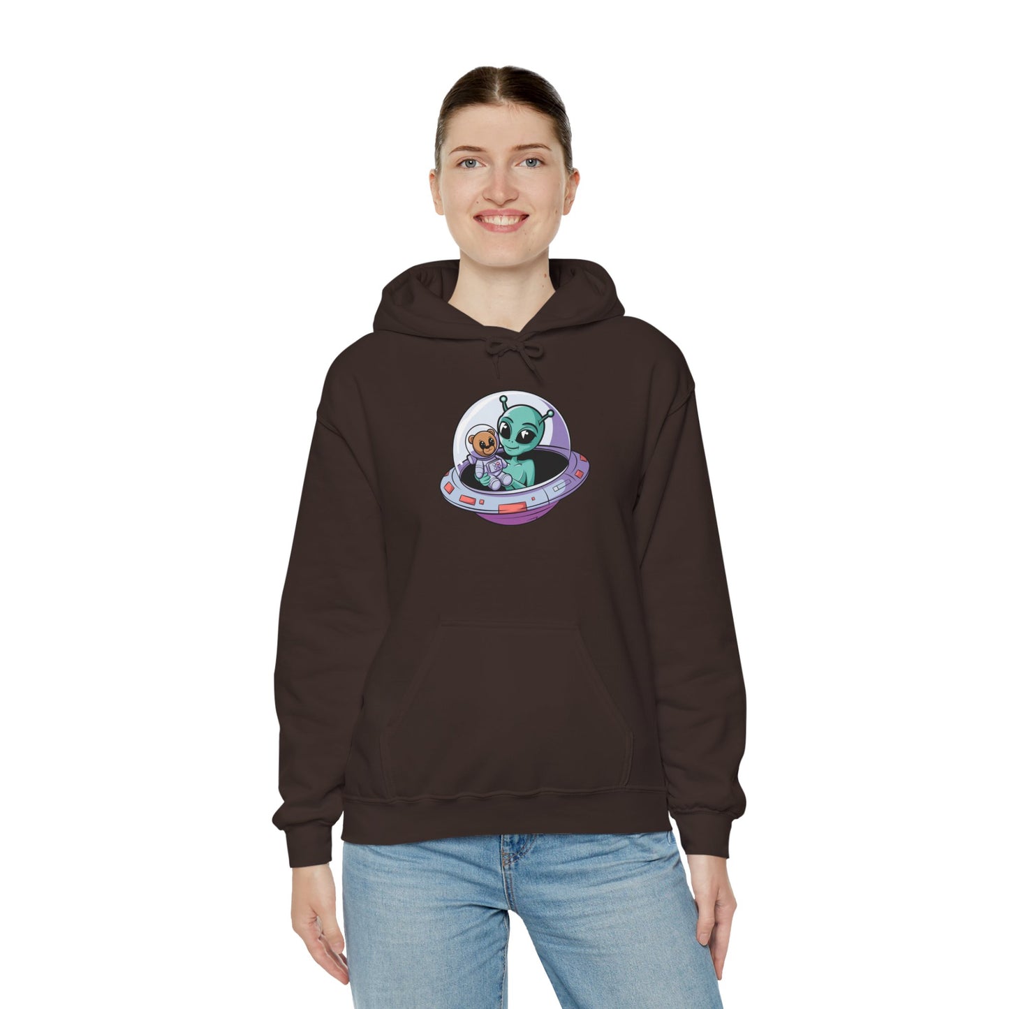 Cute Alien and Kid Hoodie, Unisex Heavy Blend Sweatshirt, UFO Lover Gift, Halloween Costume, Space-Themed Outfit, Birthday Present