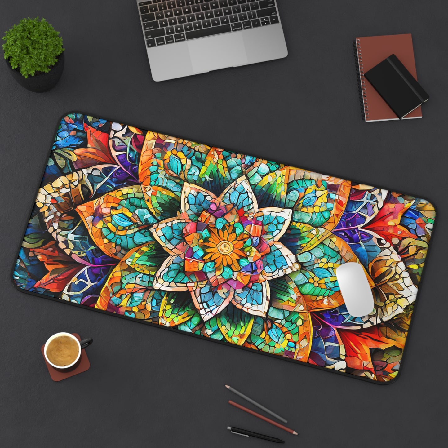Mandala Stained-Glass Desk Mat — Colorful Boho Mouse Pad for Home Office