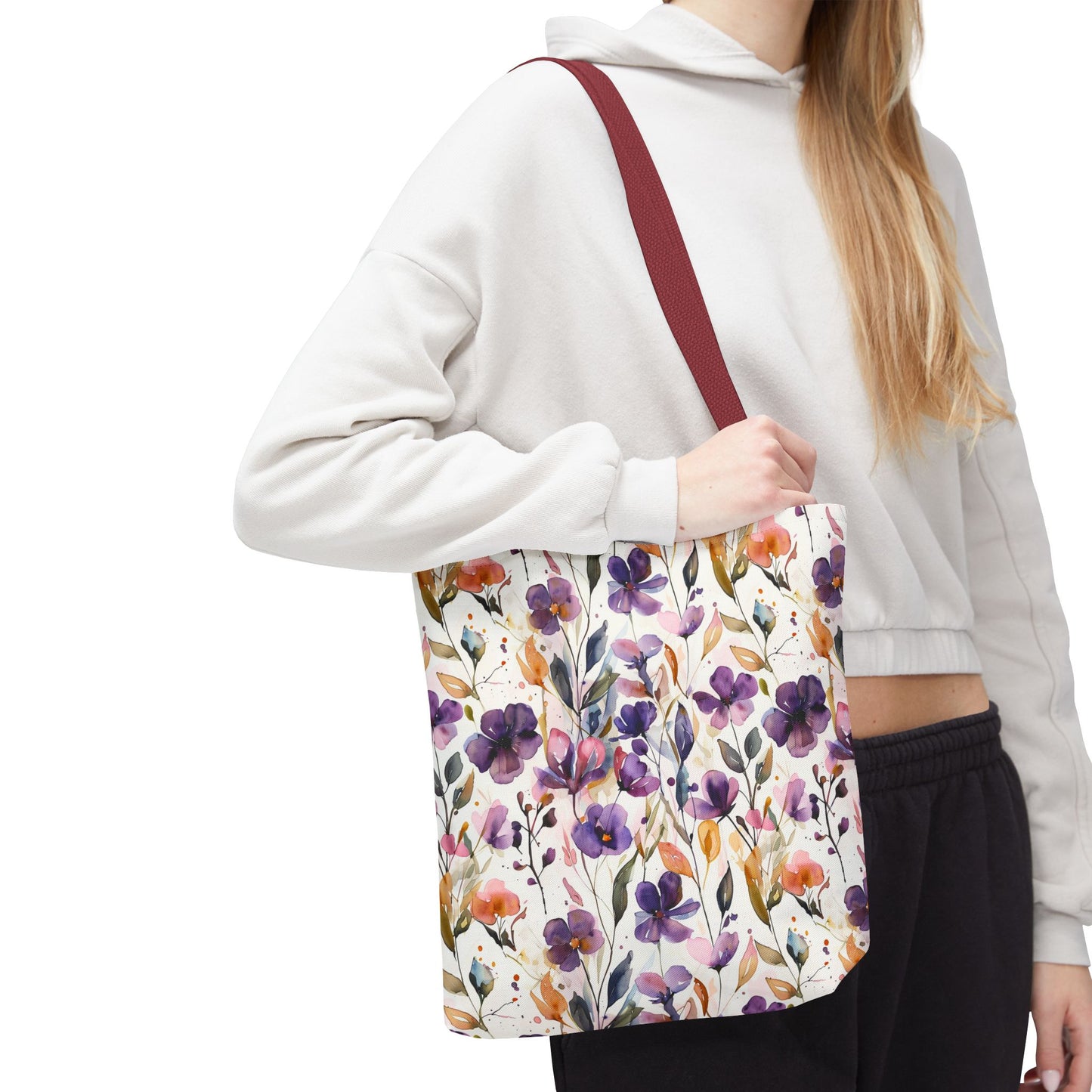 Floral Watercolor Tote Bag — Purple & Orange Botanical All-Over Print