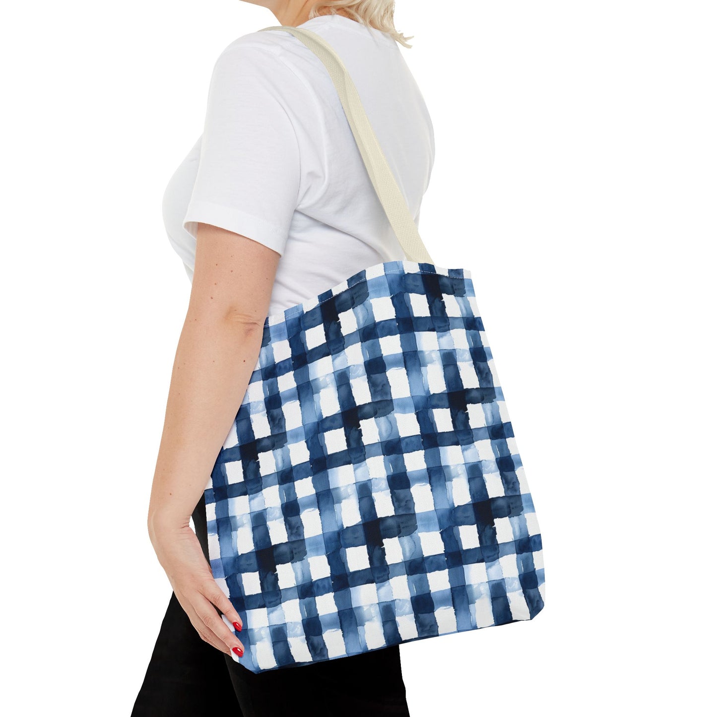 Blue Watercolor Plaid Tote Bag — Navy Check Pattern All-Over Print
