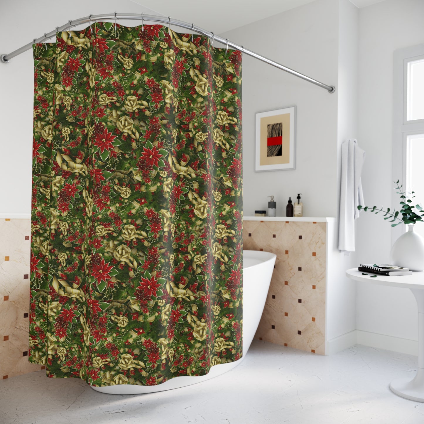 Festive Floral Shower Curtain, Holiday Decor, Bathroom Makeover, Home Gift, Christmas Decoration