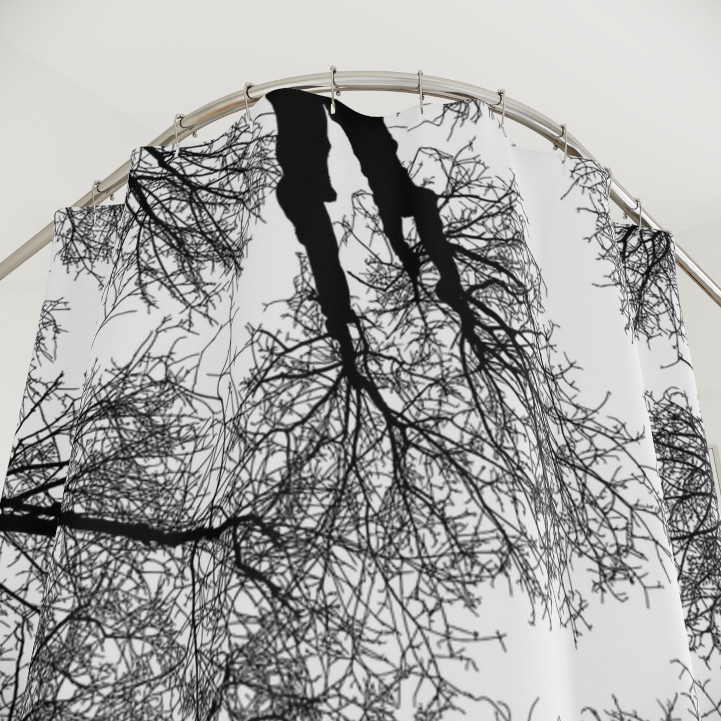 Monochrome Bare Trees Shower Curtain — Black & White Forest Canopy Bathroom Decor