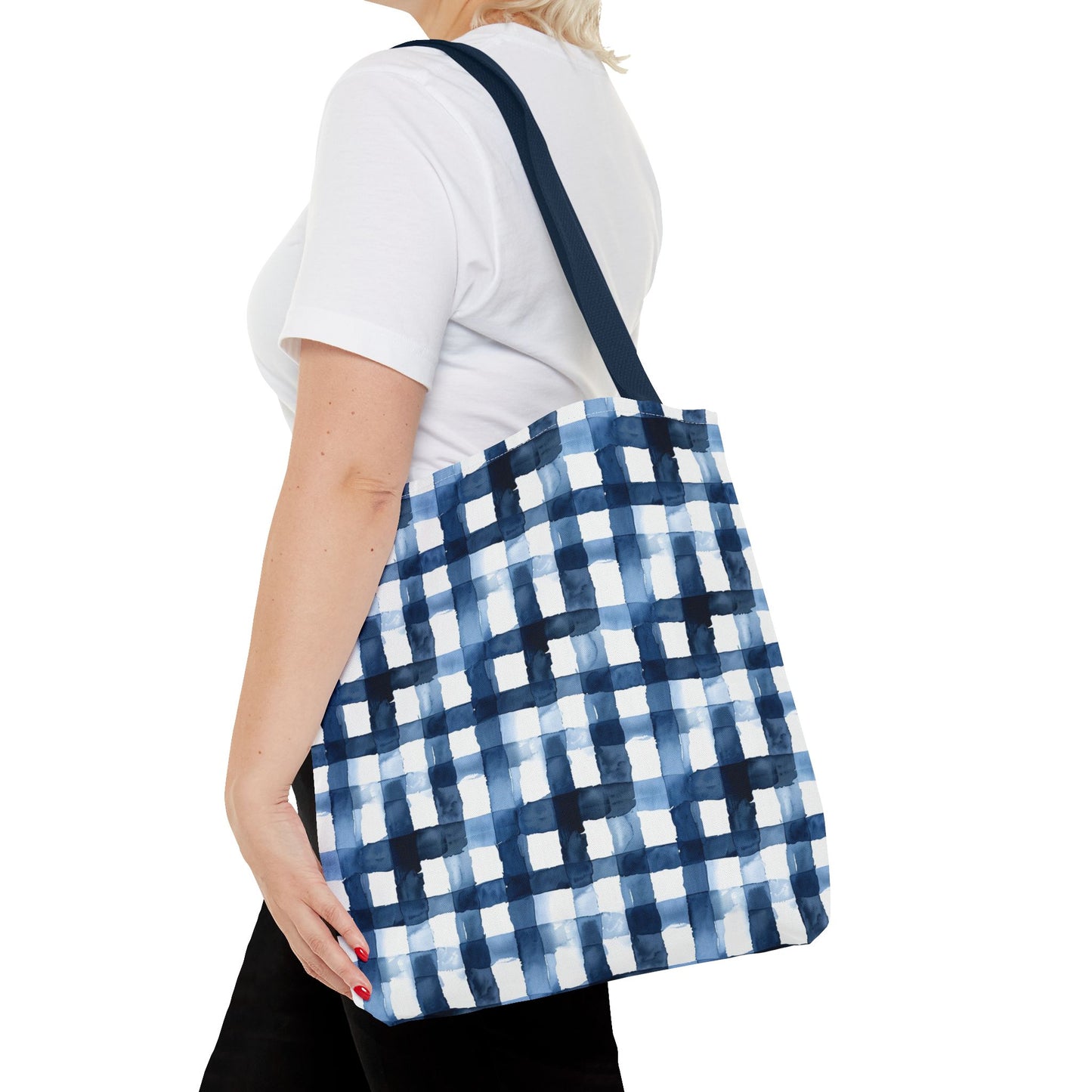 Blue Watercolor Plaid Tote Bag — Navy Check Pattern All-Over Print