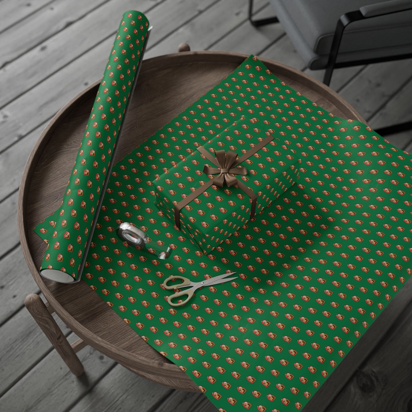 Christmas Green Wrapping Paper Roll with Festive Santa Face Pattern