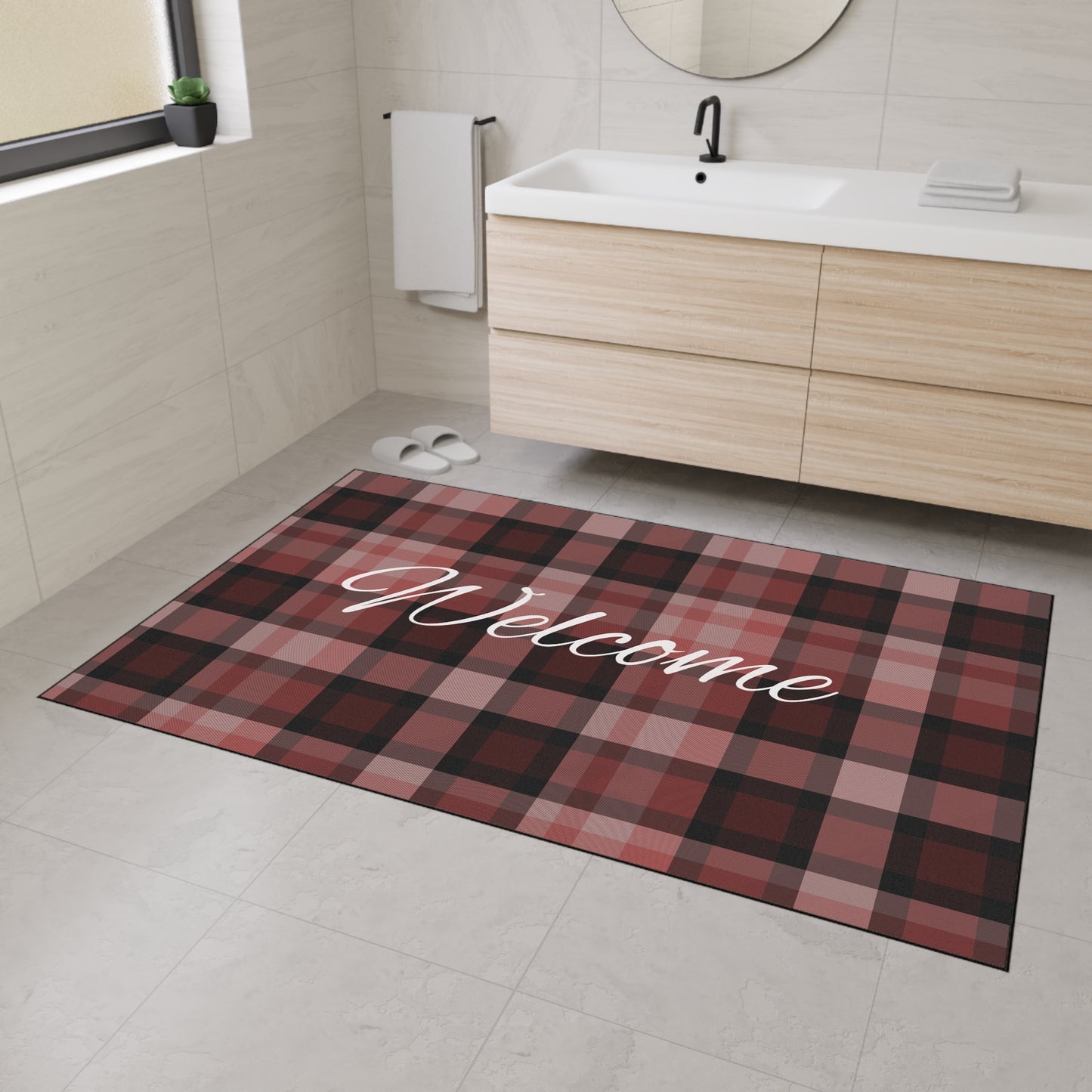 Welcome Plaid Heavy-Duty Floor Mat — Red Buffalo Check Doormat