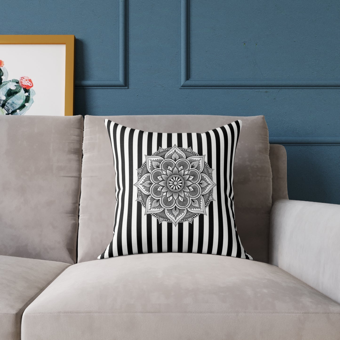 Boho Black & White Striped Mandala Pillow - Square Decorative Throw Cushion