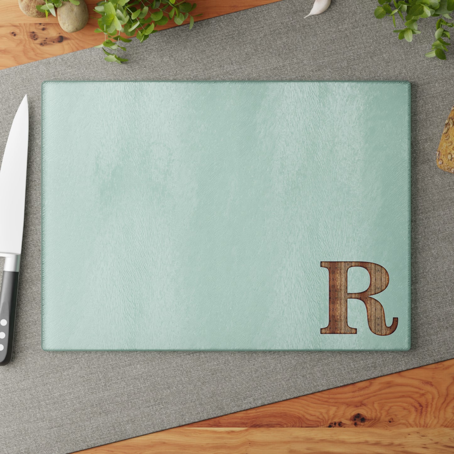 Monogram Glass Cutting Board – Mint or Clear with Wood-Style 'R' Corner