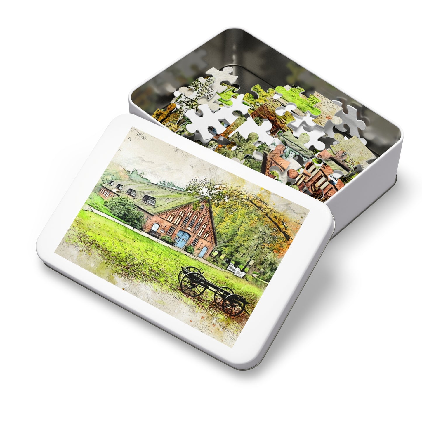 Rustic Scene Jigsaw Puzzle, Cozy Family Game, Art Puzzle with Tin, Nature Lover Gift, Home Décor Puzzle