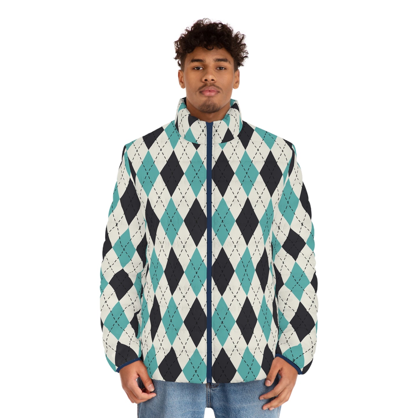 Men's Stylish Argyle Puffer Jacket, Trendy Winter Outerwear, Fashionable Layering Piece, Warm Casual Jacket, Perfect for Holiday Gifting