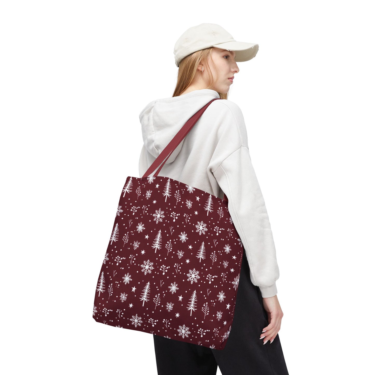 Christmas Snowflake Tote Bag – Burgundy Holiday Patterned Carryall