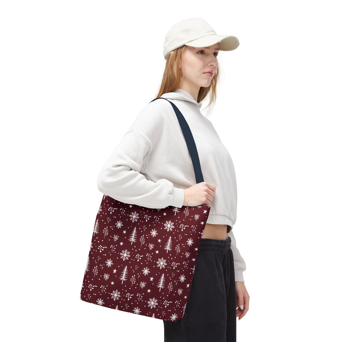 Christmas Snowflake Tote Bag – Burgundy Holiday Patterned Carryall