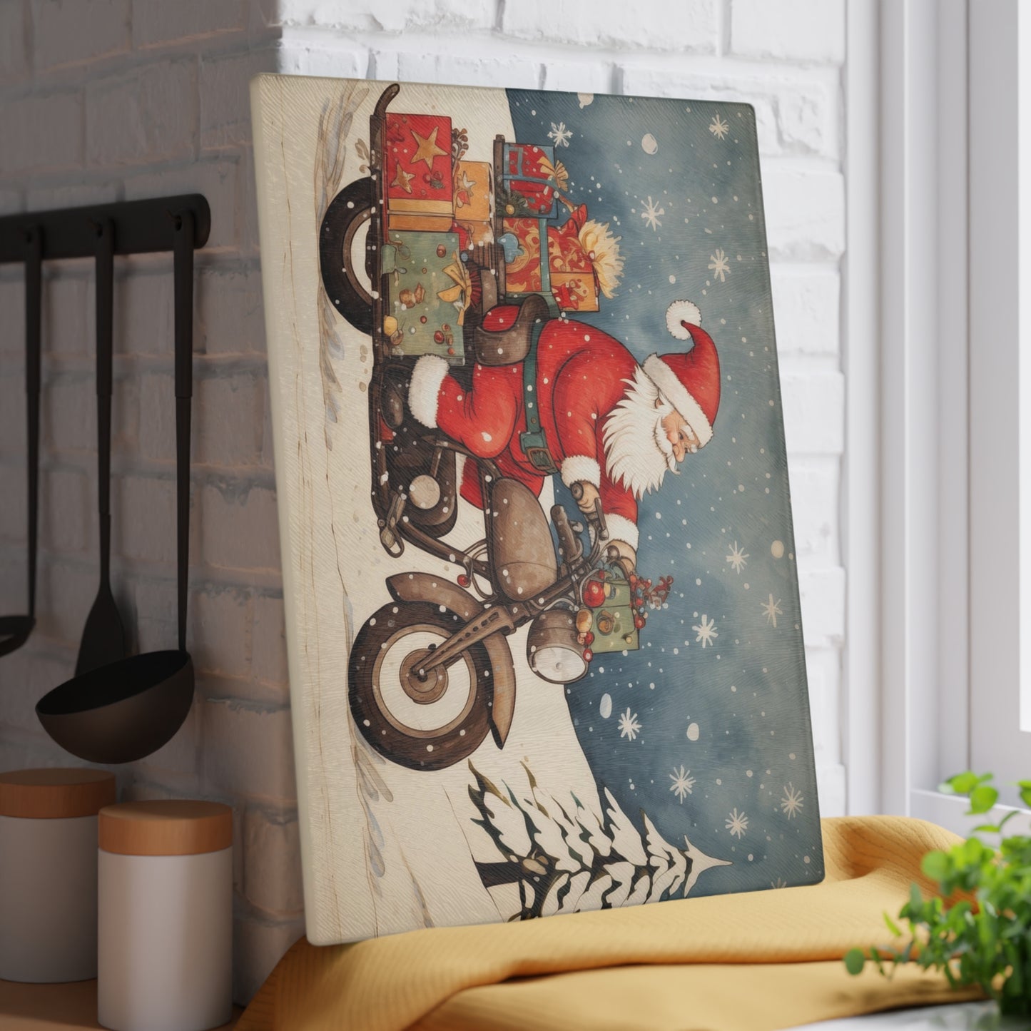Festive Santa Motorcycle Glass Cutting Board, Holiday Kitchen Decor, Christmas Gift, Unique Cookware, Santa Gift Idea