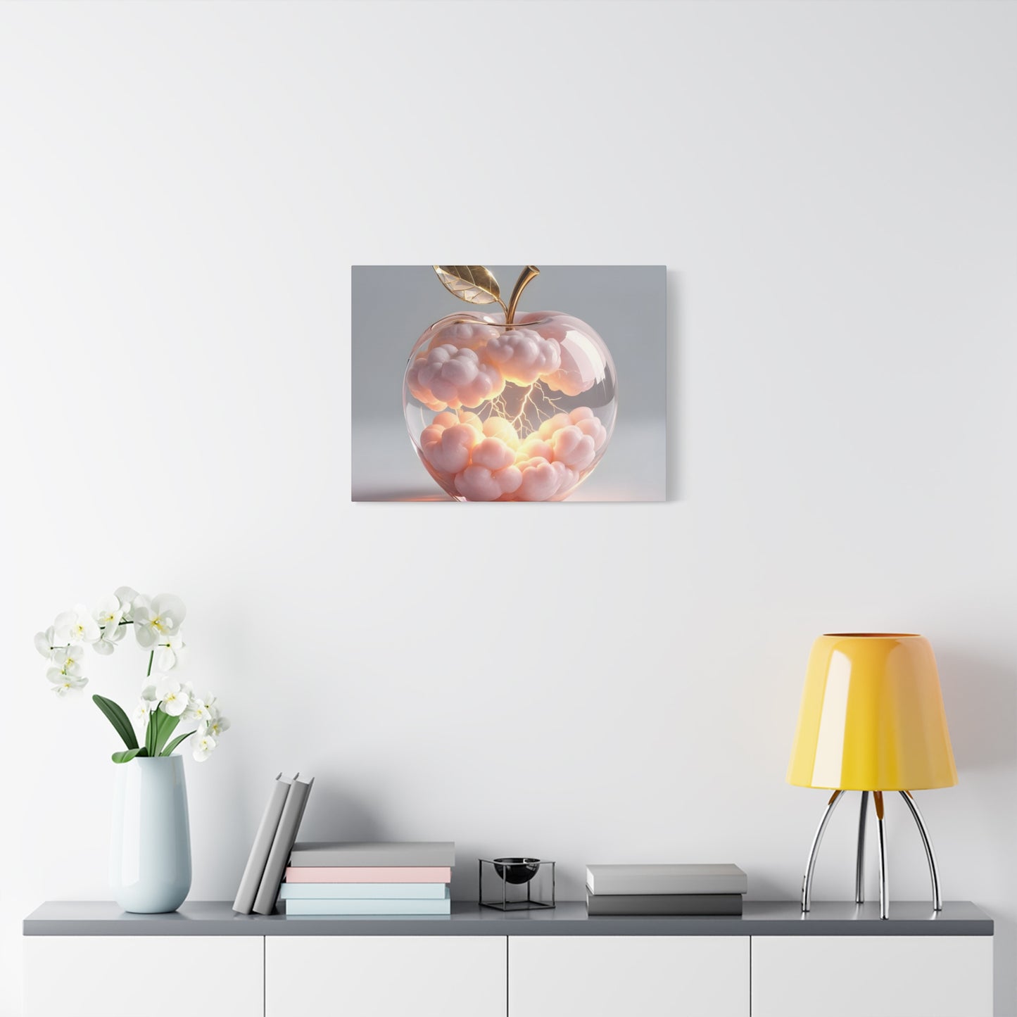 Surreal Glass Apple Canvas – Lightning & Pink Clouds Wall Art