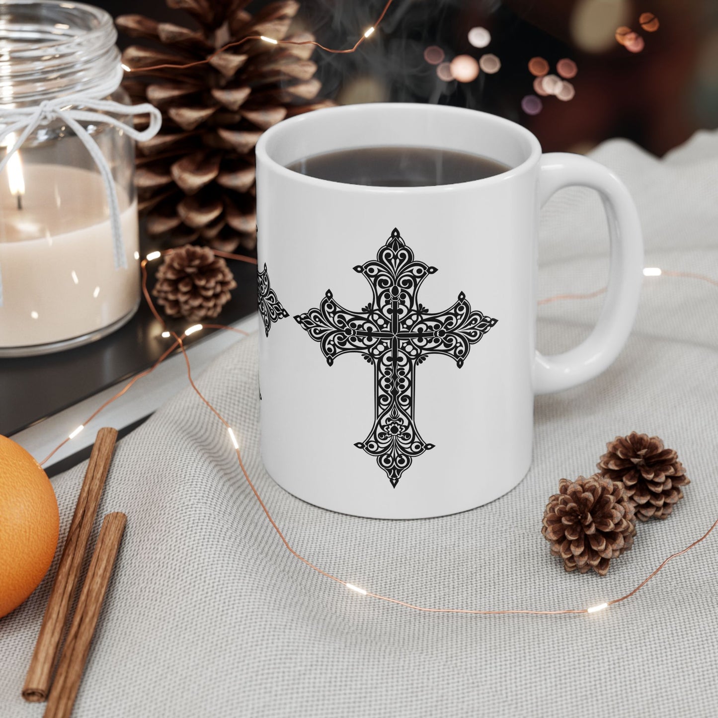 Gothic Cross Ceramic Mug - Spiritual Gift for Faith Lovers, Black and White Design, Perfect for Coffee or Tea, Housewarming, Religious [...]