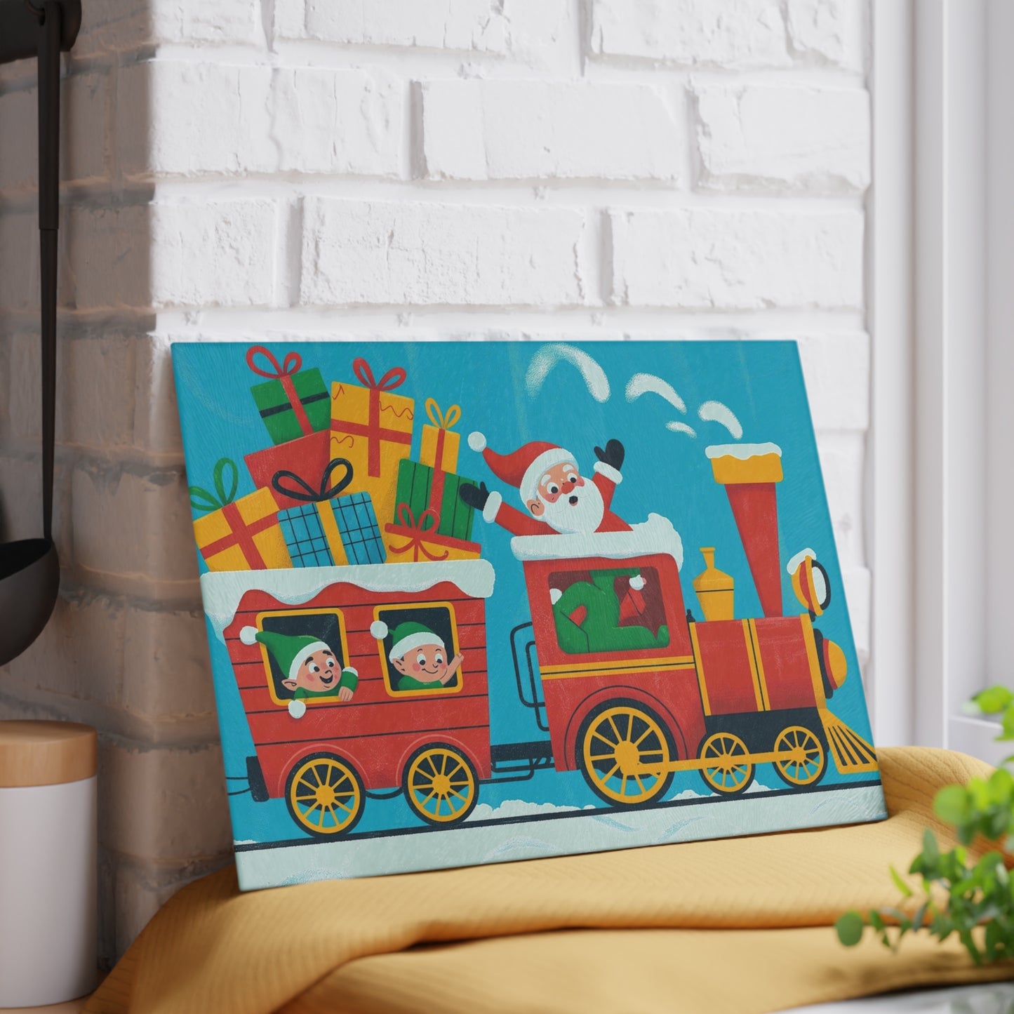 Christmas Santa Train Glass Cutting Board — Festive Holiday Kitchen Decor