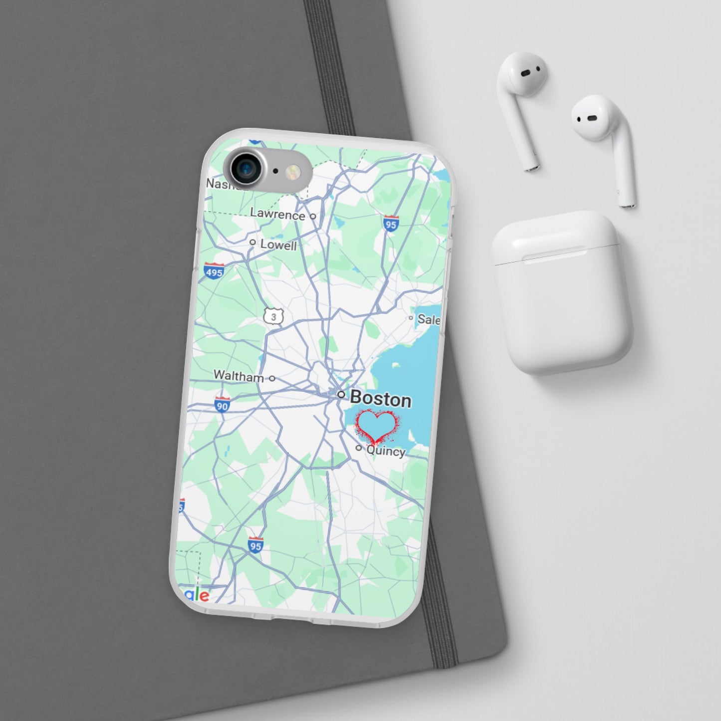 Boston Map Flexi Case for iPhone, Custom Location Phone Case, Unique Gift, Boston Heart Design, Travel Lover Accessory