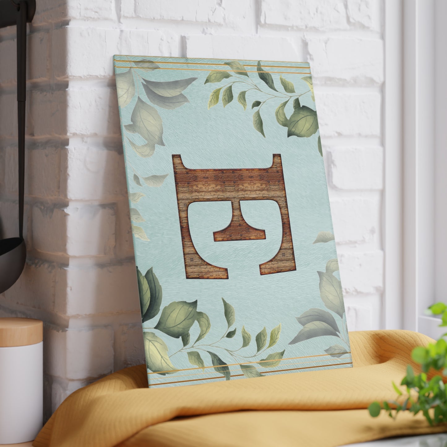 Glass Cutting Board — Monogram 'E' Floral Leaf Kitchen Decor