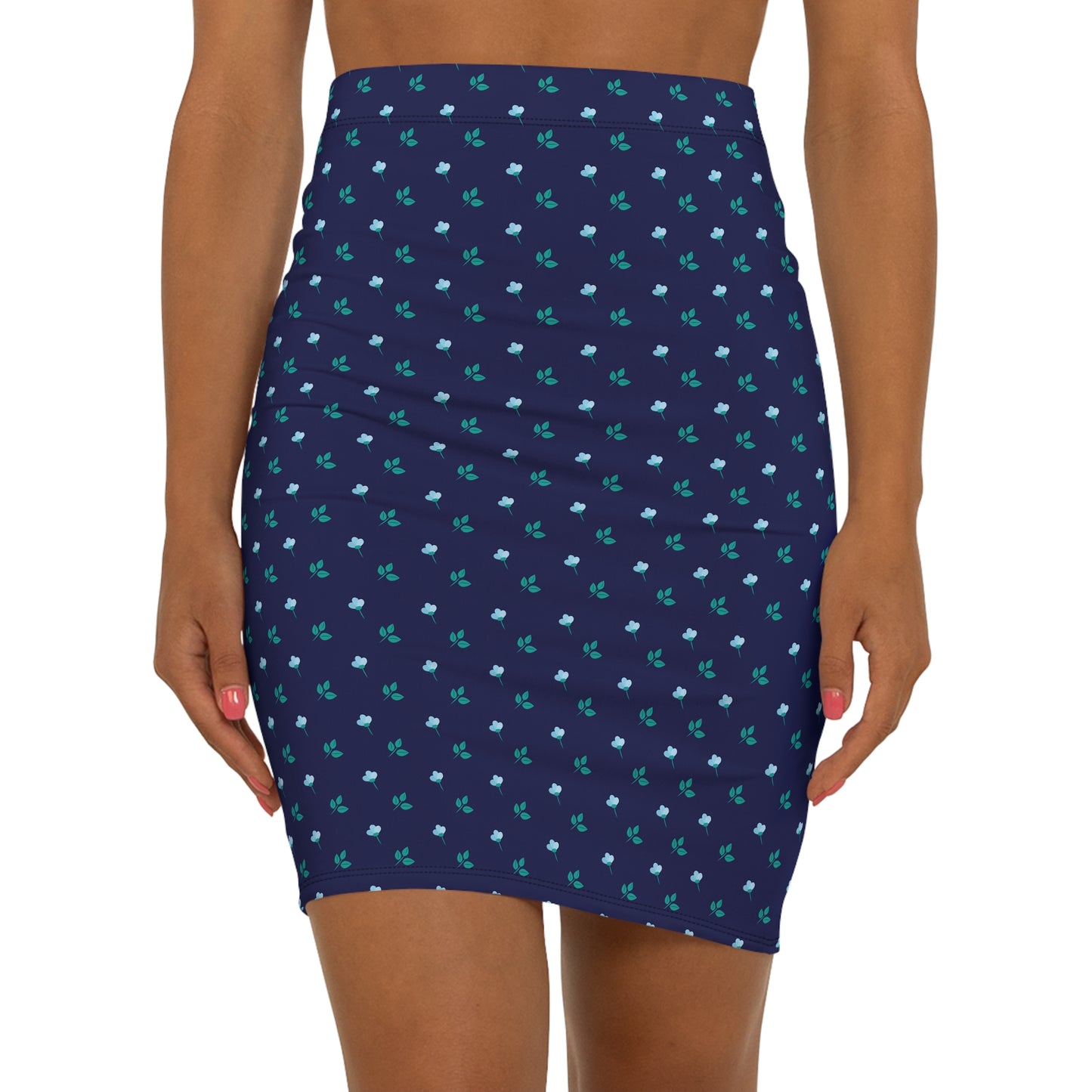 Pencil Skirt — Navy Blue Mini with Teal Floral Dot Print