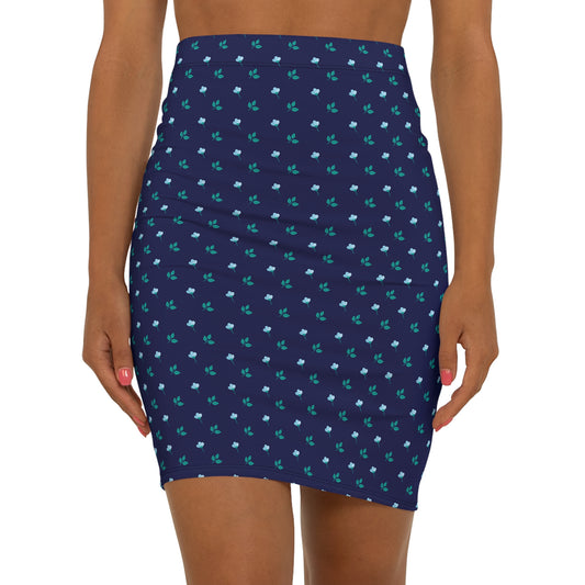 Pencil Skirt — Navy Blue Mini with Teal Floral Dot Print