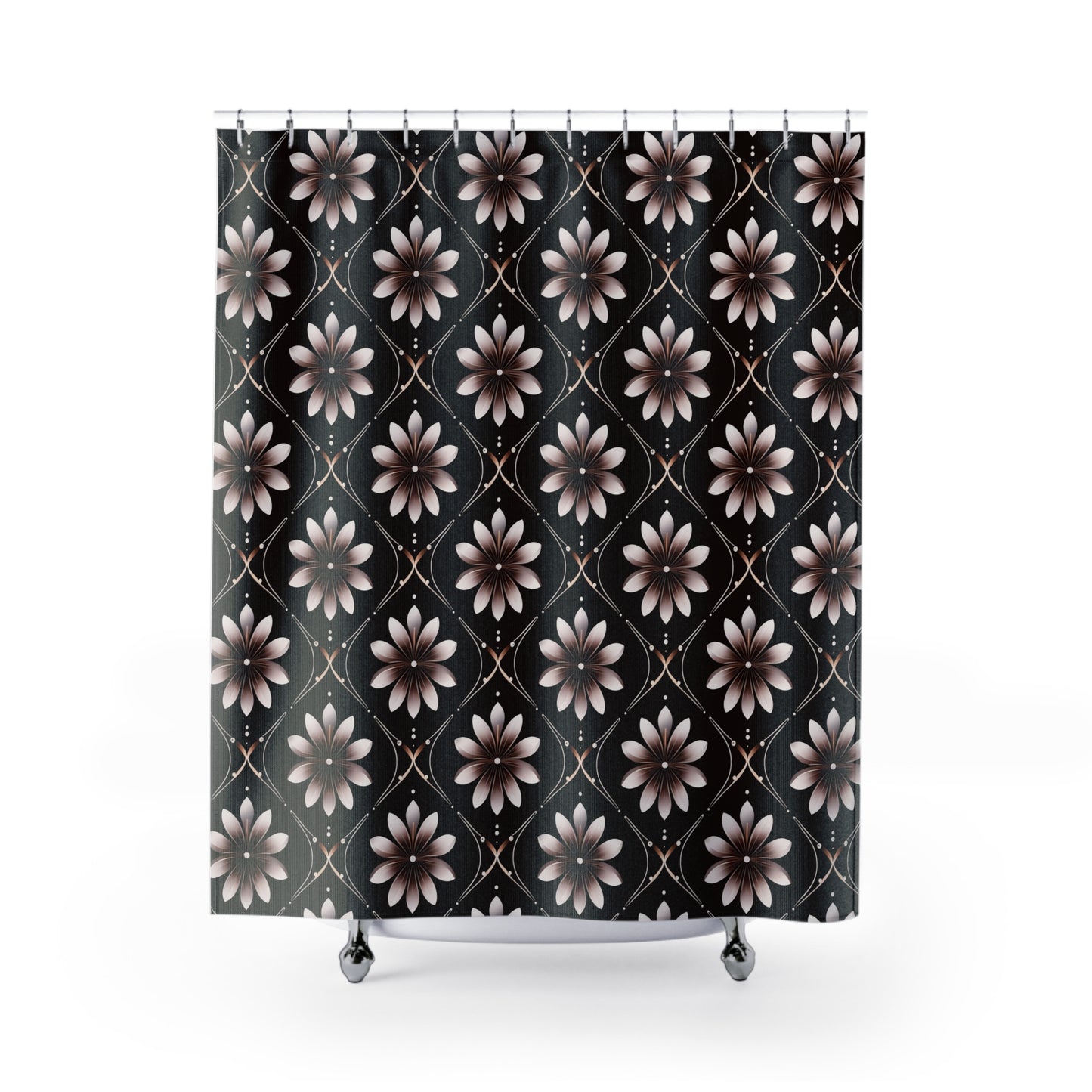 Floral Mosaic Shower Curtain — Elegant Black & Taupe Daisy Pattern