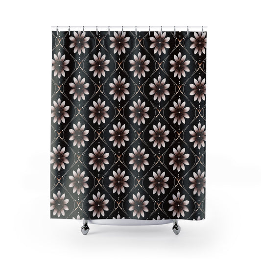Floral Mosaic Shower Curtain — Elegant Black & Taupe Daisy Pattern