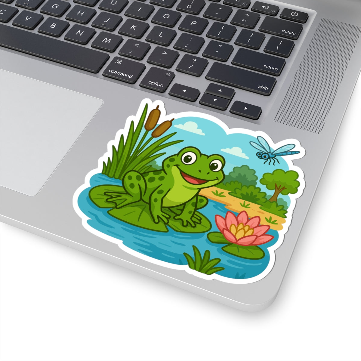 Frog Pond Kiss-Cut Sticker — Cute Lily Pad Frog & Dragonfly Decal