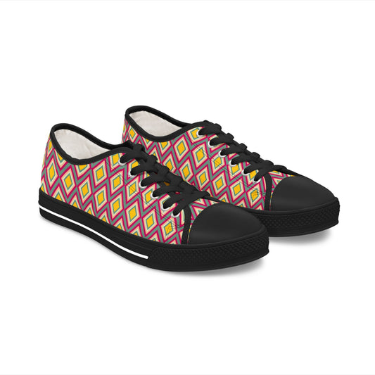 Low Top Sneakers — Retro Diamond Pattern Pink Yellow Casual Women's Shoes