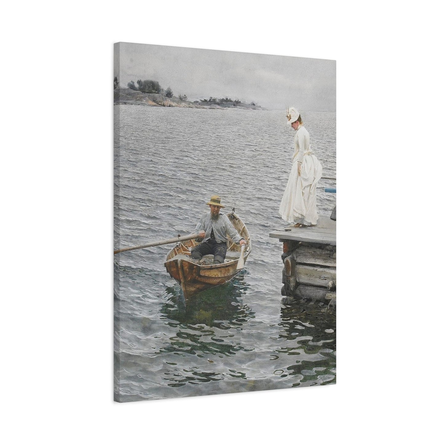 Seaside Stroll Canvas Print — Vintage Woman & Rowboat Matte Stretched Art 1.25"