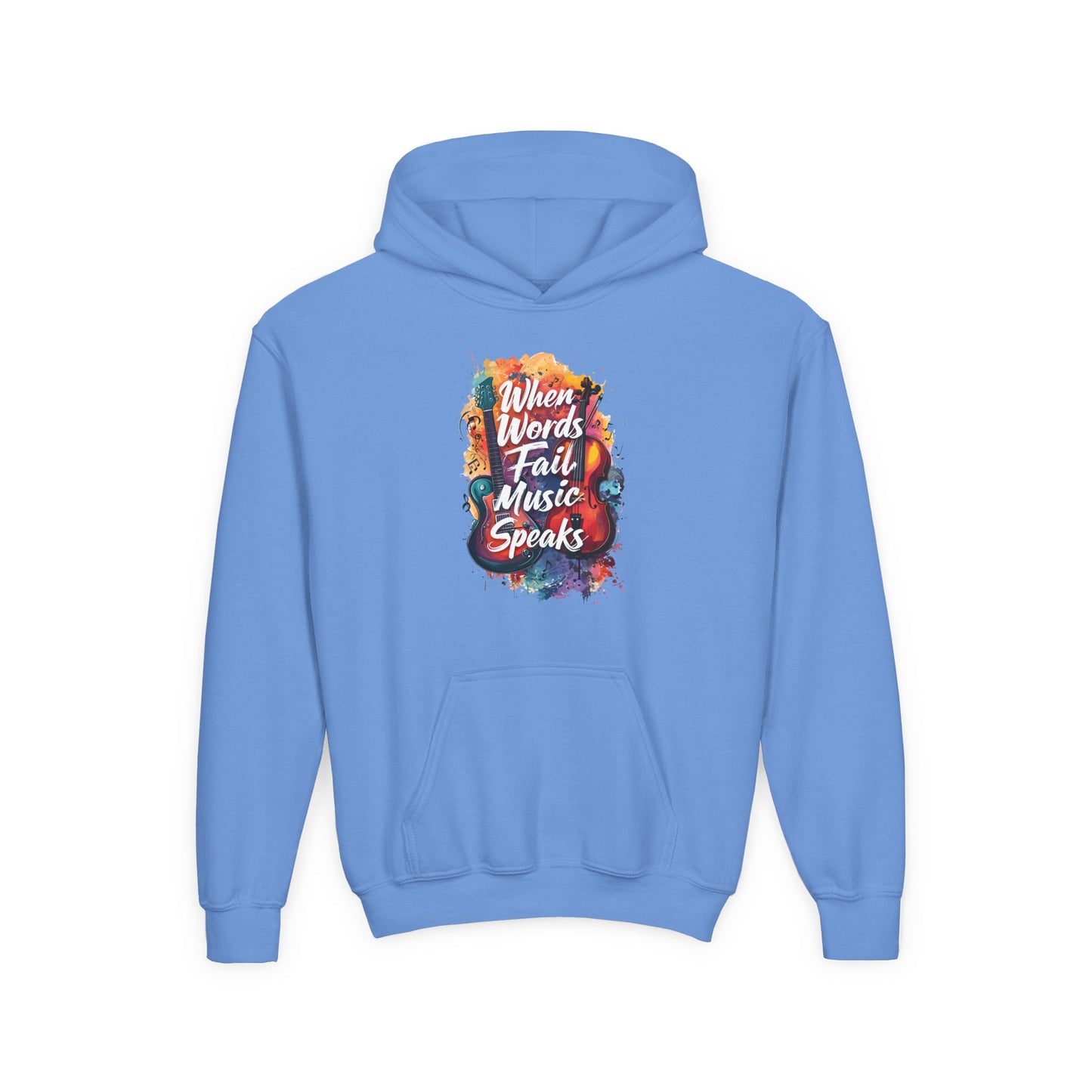 Youth Hoodie — "When Words Fail Music Speaks" Colorful Watercolor Design