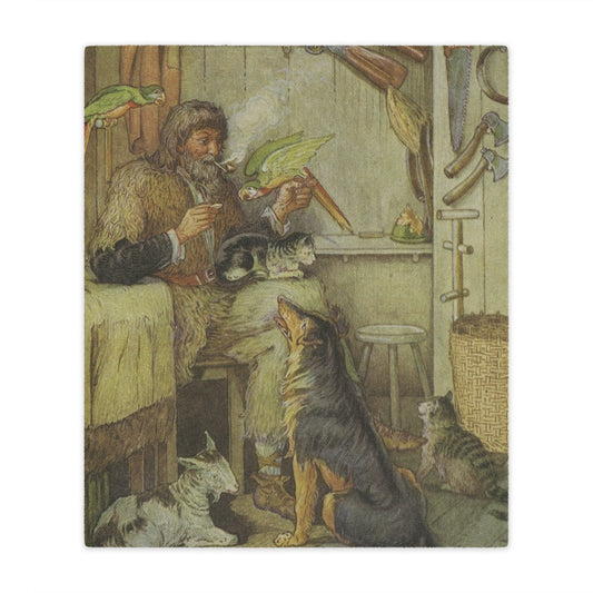 Vintage Cottage Animal Blanket – Cozy Cottagecore Minky Throw with Dogs, Cats & Parrot Artwork