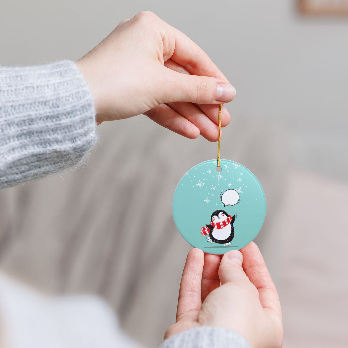 Cute Penguin Ceramic Ornament — Holiday Snowflakes, Two-Sided Christmas Tree Decoration