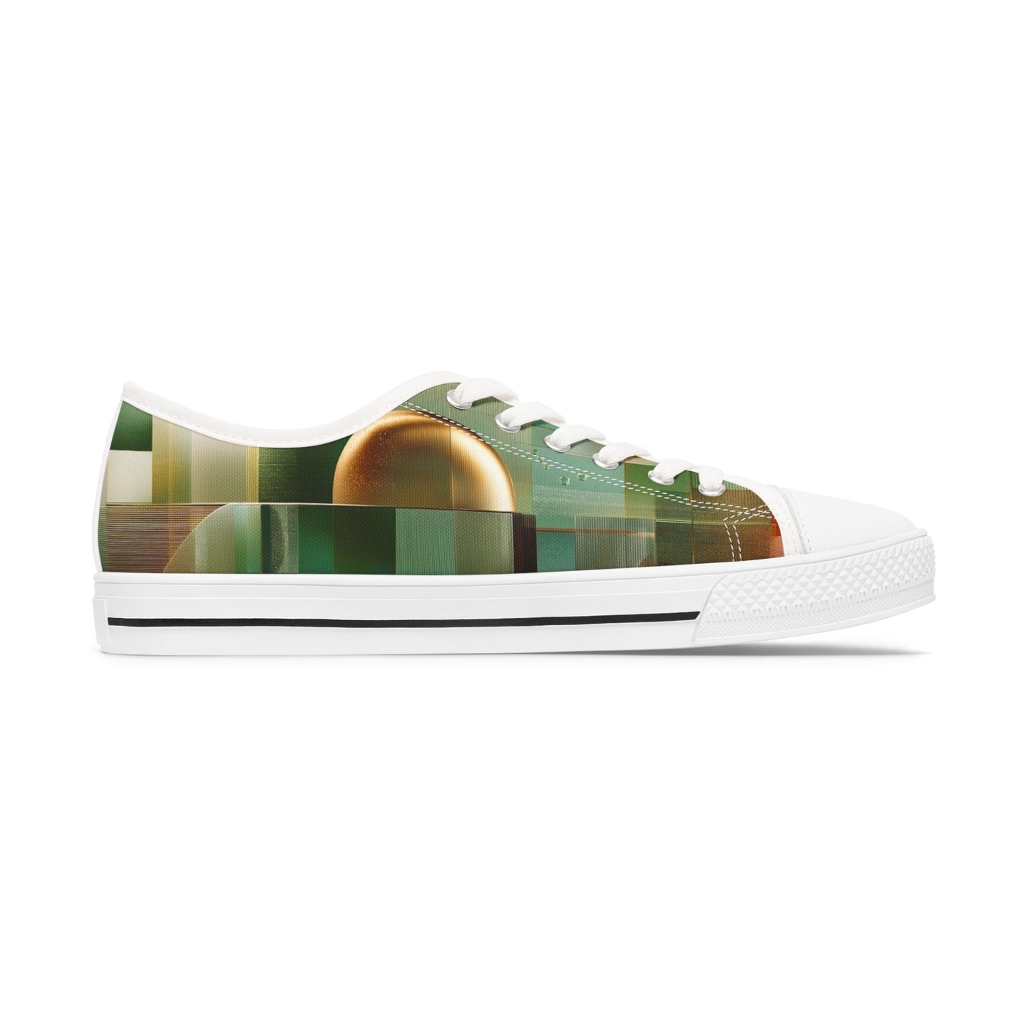 Low Top Sneakers — Green Abstract Geometric with Gold Orb Design