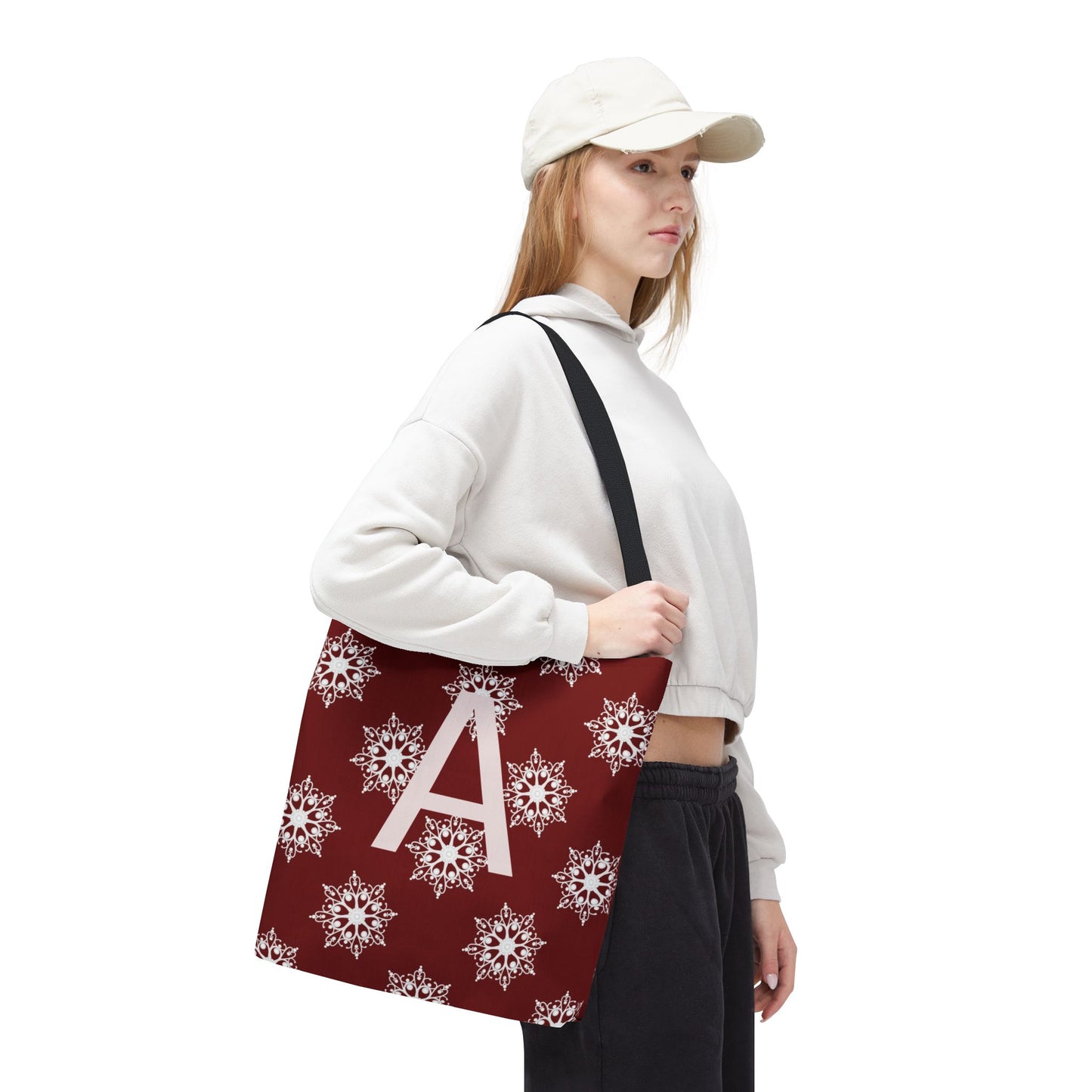 Monogram A Snowflake Tote Bag — Personalized Holiday AOP Tote